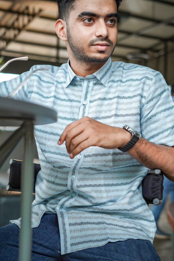 Skyline Serenity Pure Linen Late Sky Blue Shirt with Horizontal Stripes - A stylish and tranquil addition to your wardrobe
