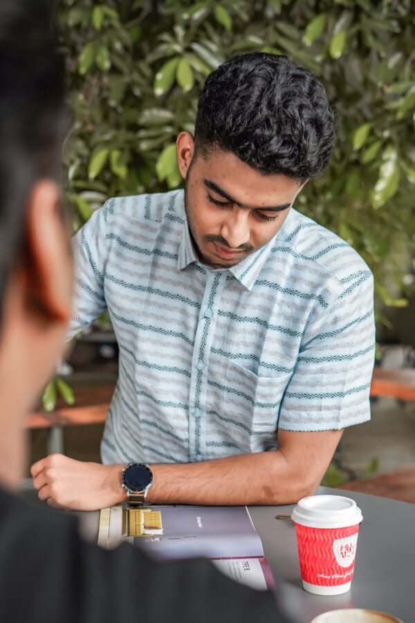 Skyline Serenity Pure Linen Late Sky Blue Shirt with Horizontal Stripes - A stylish and tranquil addition to your wardrobe