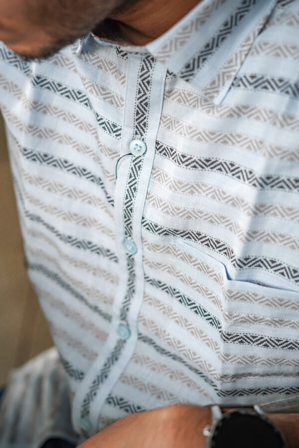 Skyline Serenity Pure Linen Late Sky Blue Shirt with Horizontal Stripes - A stylish and tranquil addition to your wardrobe