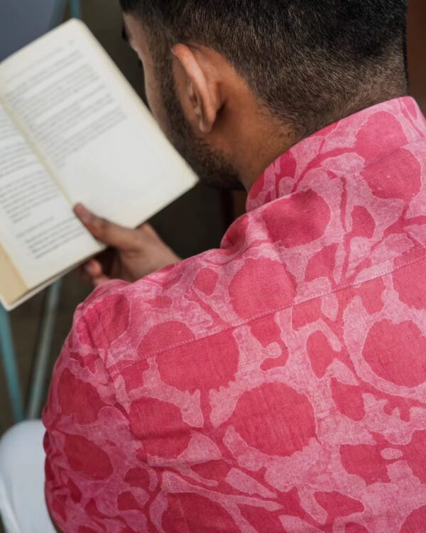 "Stylish and Elegant BLUSHING BLOOMS Pure Linen Pink Print Shirt - Perfect for Any Occasion"