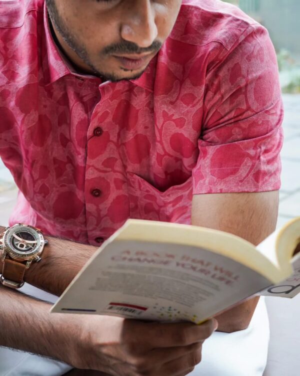 "Stylish and Elegant BLUSHING BLOOMS Pure Linen Pink Print Shirt - Perfect for Any Occasion"