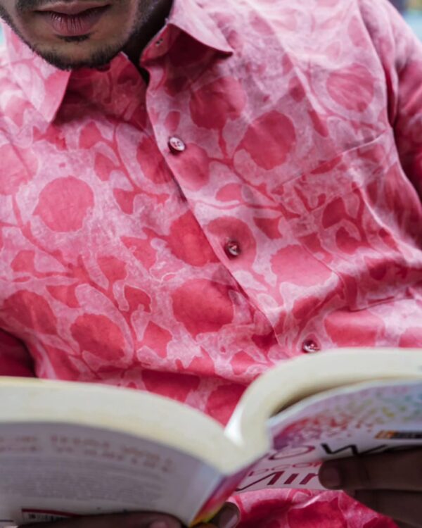 "Stylish and Elegant BLUSHING BLOOMS Pure Linen Pink Print Shirt - Perfect for Any Occasion"