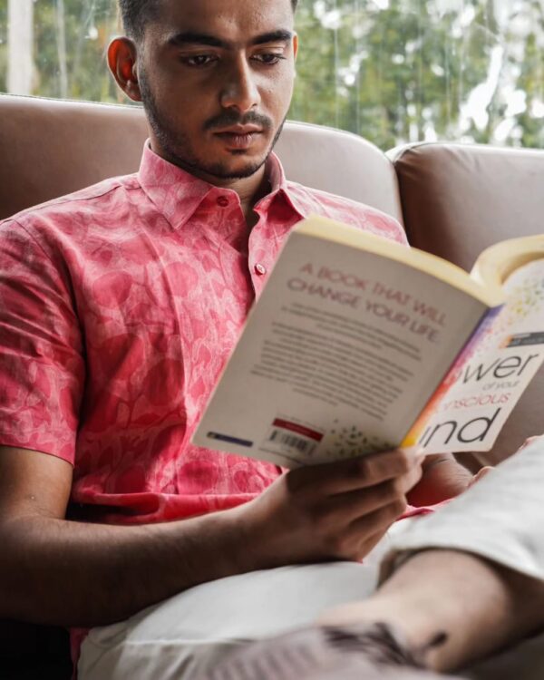 "Stylish and Elegant BLUSHING BLOOMS Pure Linen Pink Print Shirt - Perfect for Any Occasion"