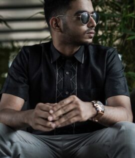 Midnight Elegance Pure Linen Black Line Men's Shirt - A sophisticated black shirt with subtle line design