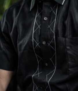Midnight Elegance Pure Linen Black Line Men's Shirt - A sophisticated black shirt with subtle line design