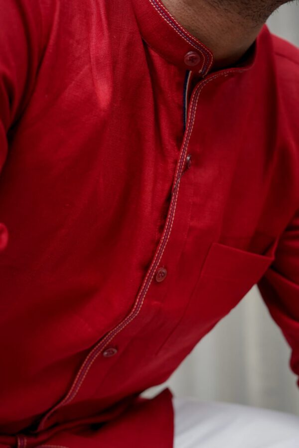 Crimson Charm Pure Linen Red Chinese Collar Men's Shirt - A stylish and versatile addition to your wardrobe.