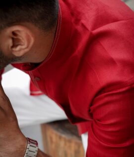 Crimson Charm Pure Linen Red Chinese Collar Men's Shirt - A stylish and versatile addition to your wardrobe.