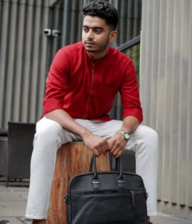 Crimson Charm Pure Linen Red Chinese Collar Men's Shirt - A stylish and versatile addition to your wardrobe.
