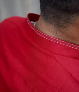 Crimson Charm Pure Linen Red Chinese Collar Men's Shirt - A stylish and versatile addition to your wardrobe.