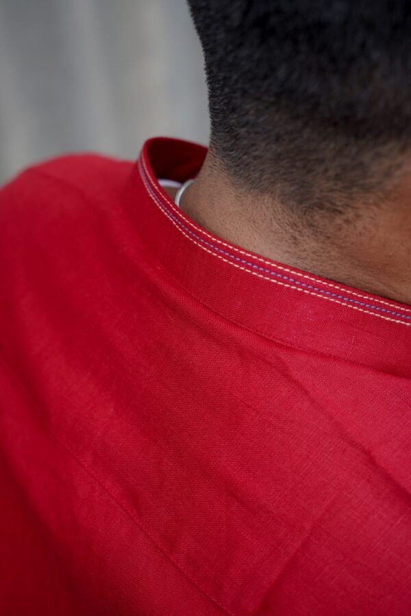 Crimson Charm Pure Linen Red Chinese Collar Men's Shirt - A stylish and versatile addition to your wardrobe.