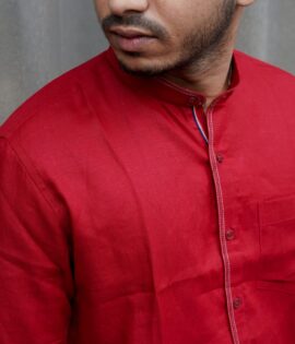 Crimson Charm Pure Linen Red Chinese Collar Men's Shirt - A stylish and versatile addition to your wardrobe.