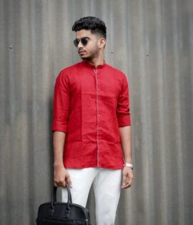 Crimson Charm Pure Linen Red Chinese Collar Men's Shirt - A stylish and versatile addition to your wardrobe.