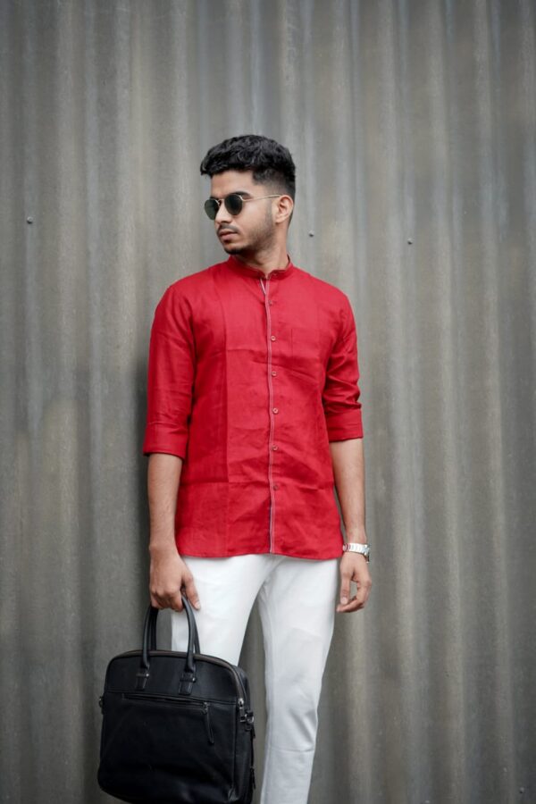 Crimson Charm Pure Linen Red Chinese Collar Men's Shirt - A stylish and versatile addition to your wardrobe.