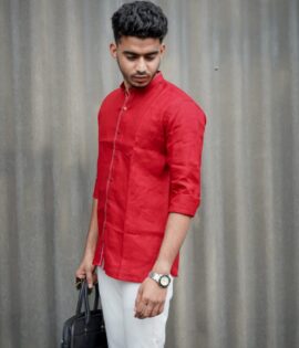 Crimson Charm Pure Linen Red Chinese Collar Men's Shirt - A stylish and versatile addition to your wardrobe.