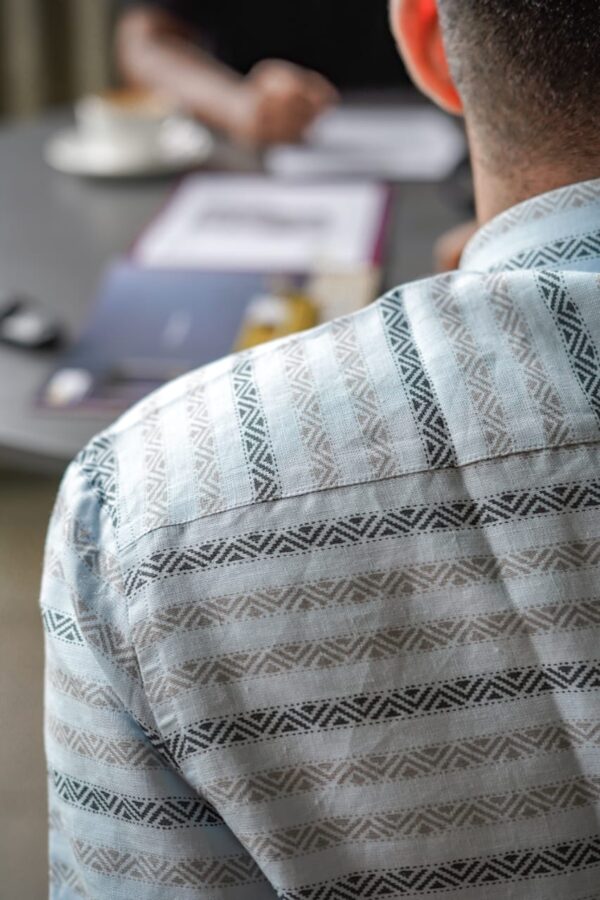 Skyline Serenity Pure Linen Late Sky Blue Shirt with Horizontal Stripes - A stylish and tranquil addition to your wardrobe
