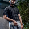 Midnight Elegance Pure Linen Black Line Men's Shirt - A sophisticated black shirt with subtle line design