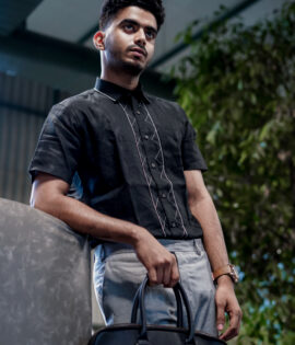 Midnight Elegance Pure Linen Black Line Men's Shirt - A sophisticated black shirt with subtle line design