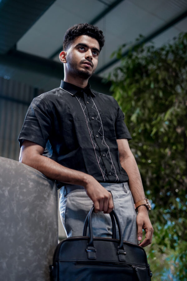 Midnight Elegance Pure Linen Black Line Men's Shirt - A sophisticated black shirt with subtle line design